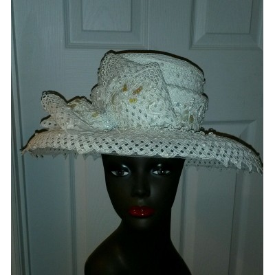  WHITE HAT LRG  BOW PEARL SEQUINS RSTONES  BLING  WIDE BRIM   eb-64686395